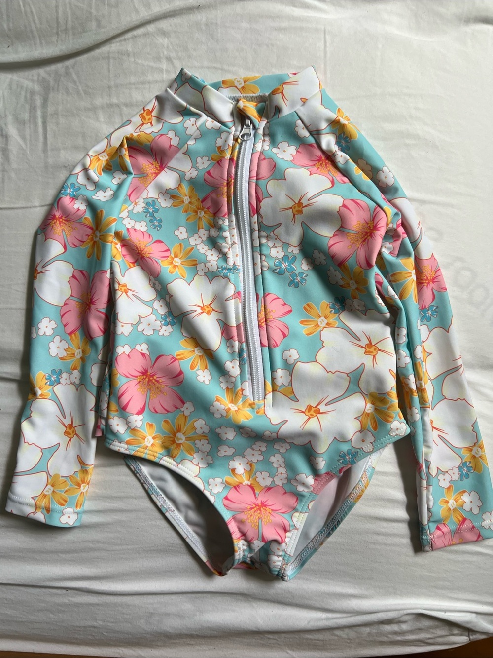 Kids Long-Sleeve Floral Rash Guard Swimsuit - Aqua Pink